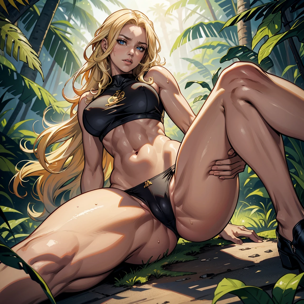 Masterpiece, Professional,  High Definition - quality, sharp focus, perfect artwork, Best Illustration,  trending on artstation, UHD, 4k, full body, ????
1 girl, long blonde hair, curly receding hair, ???????????, slim waist, muscular legs , well-defined legs, athletic body , real-looking skin , dark skin tone , real looking iris eyes , snapped short shorts, underboob ??? tee, very sweaty, in the jungle doing a trail. 
