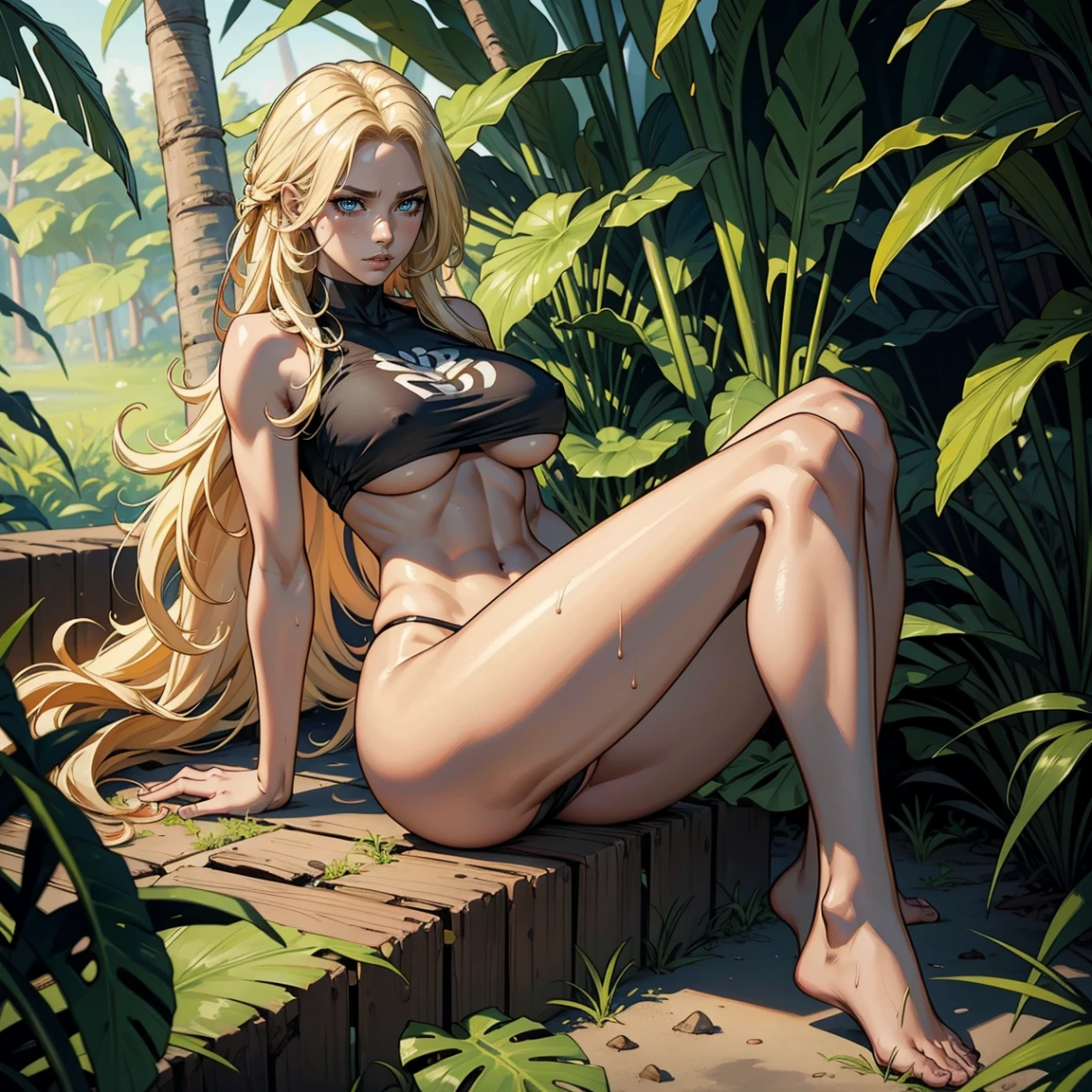 Masterpiece, Professional, High Definition - quality, sharp focus, perfect artwork, Best Illustration, trending on artstation, UHD, 4k, full body, NSFW
1 girl, long blonde hair, curly receding hair, big breasts, slim waist, muscular legs , well-defined legs, athletic body , real-looking skin , dark skin tone , real looking iris eyes , snapped short shorts, underboob sex tee, very sweaty, in the jungle doing a trail.