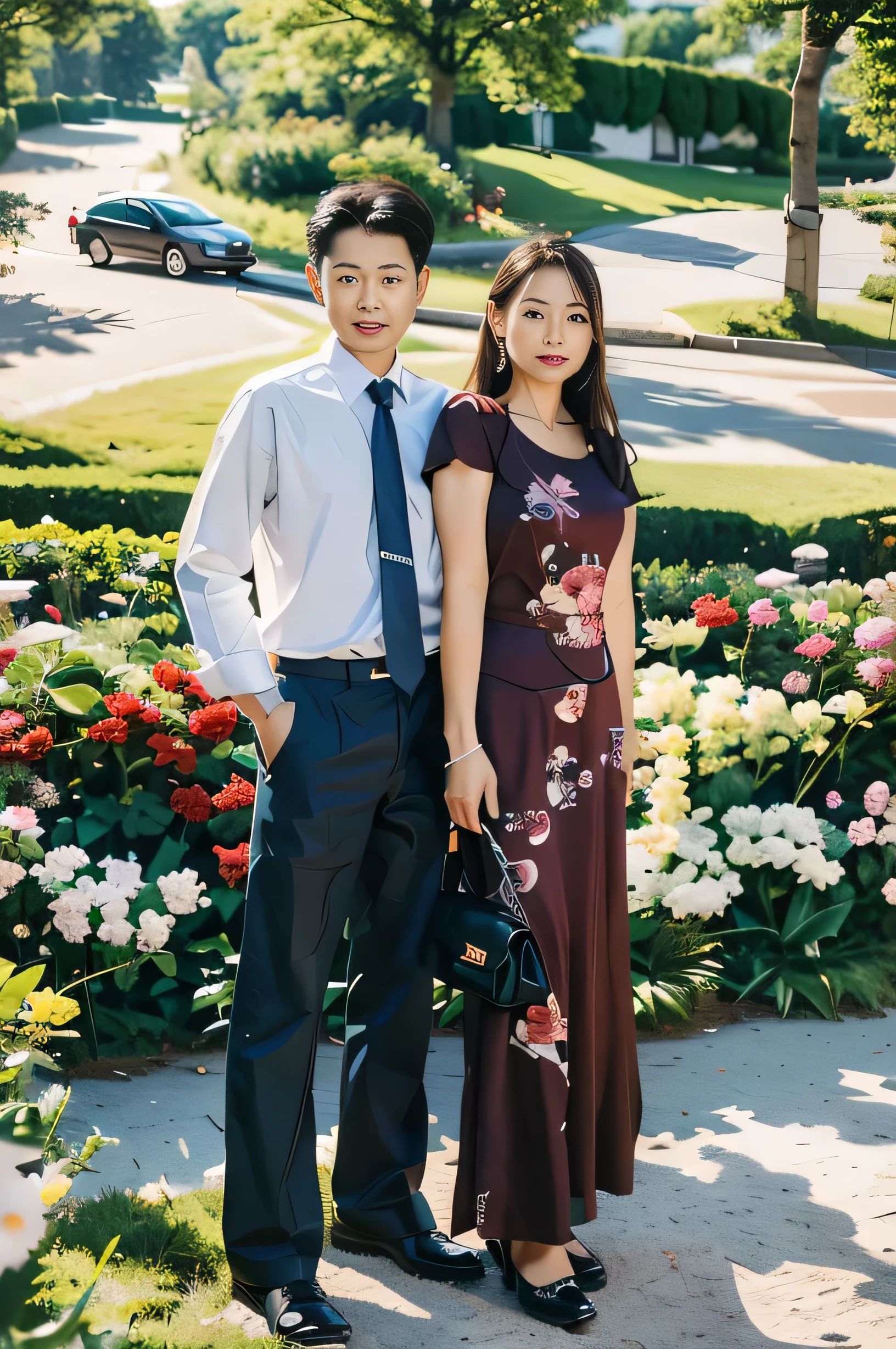 Highly realistic photo, ((masterpiece), (best quality), (raw photo), (photorealistic:1.4), This is a photo of a middle-aged couple posing together in front of a picturesque background. The man wore a white shirt with a dark tie and black pants, while the woman wore a maroon dress with floral decorations. She is holding a small handbag in her left hand. Standing on green grass, the backdrop depicts a serene outdoor scene with greenery, trees, a car in the background and a garden with blooming flowers, creating an idyllic and romantic, photo taken by Sony A7IV
