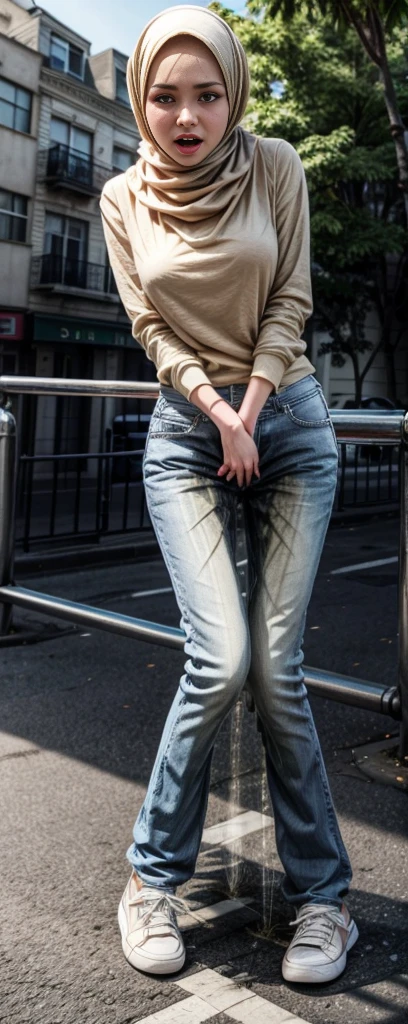 RAW photo, photo realistic:1.2, ultra high resolution, highly detailed face, highly detailed eyes, perfect anatomy, super detailed skin, not safe for work, UHD, (peeing self:1.8), pee stain:1.2,
(dynamic angle, standing pose:1.2), outdoors, (have to pee), downtown, (legs focus, full body:1.3), (beautiful face, beautiful eyes, beautiful legs),
1girl, 20 year old, arab, blonde hair, hijab, forehead, brown eyes, light skin, blush, scared, panicking, crying, tears, open mouth, large breast, hard nipples, (white shirt), long sleeves, wearing a hijab, (((hands between legs))), skinny, skinny waist and thick hips, (blue flares jeans pants), tight pants, (((knees together feet apart))), (white sneakers)