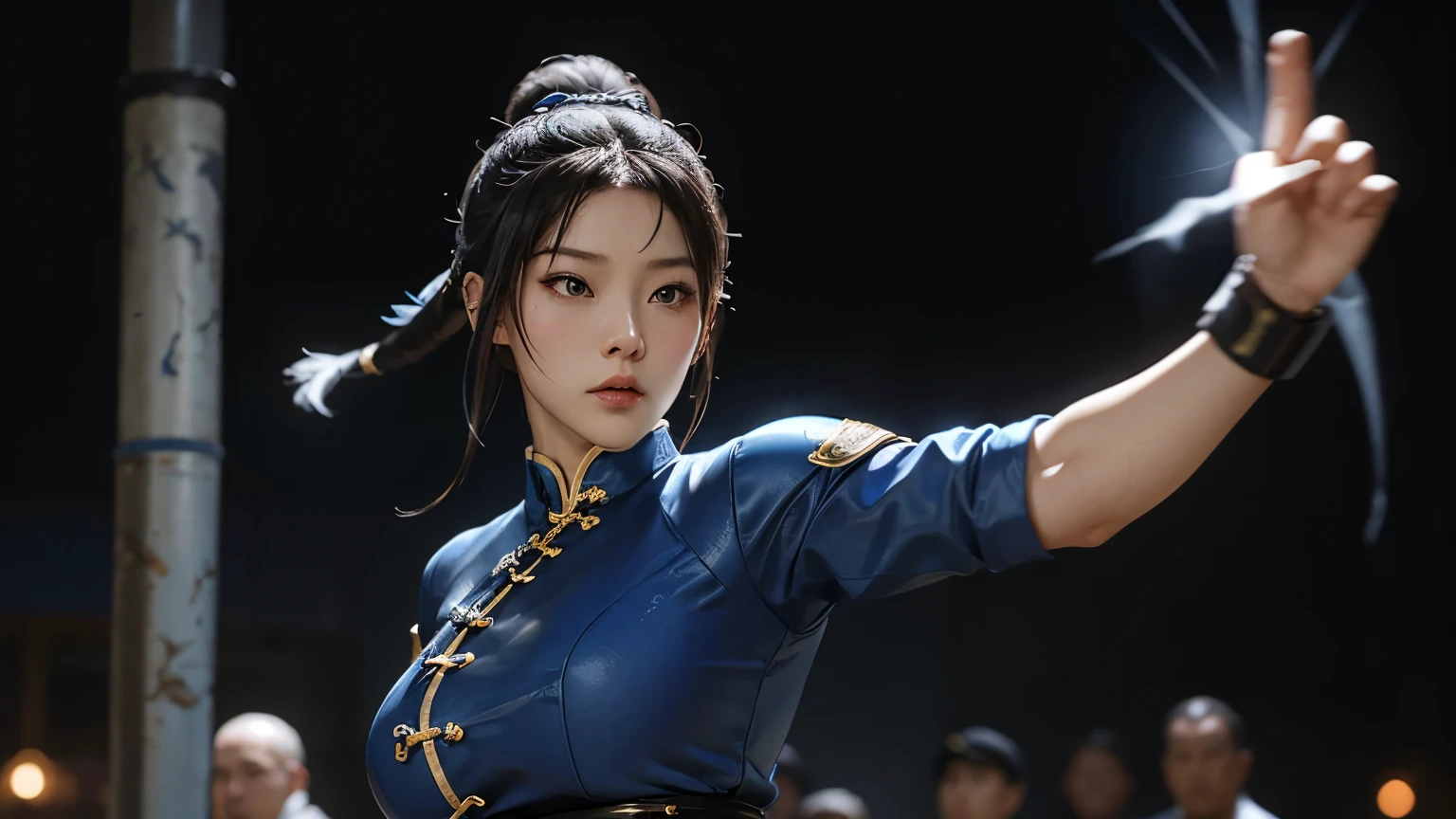 Chun-Li is an iconic character from the Street Fighter series of fighting games. She is an Interpol agent known for her exceptional martial arts skills, particularly her proficiency in Chinese kung fu techniques. Chun-Li is notable for her strength, agility, and powerful legs, highlighted in moves like the Spinning Bird Kick and the Lightning Kick. Visually, Chun-Li is easily recognizable by her traditional blue outfit, known as a qipao, and her distinctive hair buns adorned with white ribbons. As one of the first female characters in fighting games, Chun-Li is a symbol of strength and skill. Her storyline typically revolves around her quest for justice and vengeance against the villain M. Bison, who is responsible for her father's death.