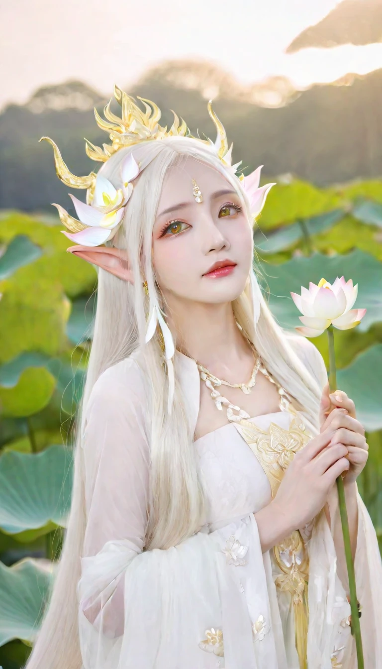 woman, white god, bright white blonde hair, bright yellow eyes, The longest hair, White lotus flower, elf ears, white light princess, Thai dress