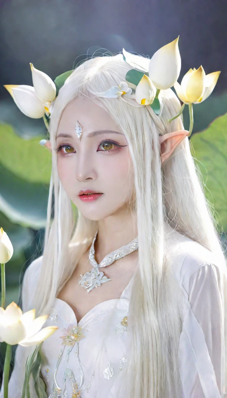 woman, white god, bright white blonde hair, bright yellow eyes, The longest hair, White lotus flower, elf ears, white light princess, Thai dress
