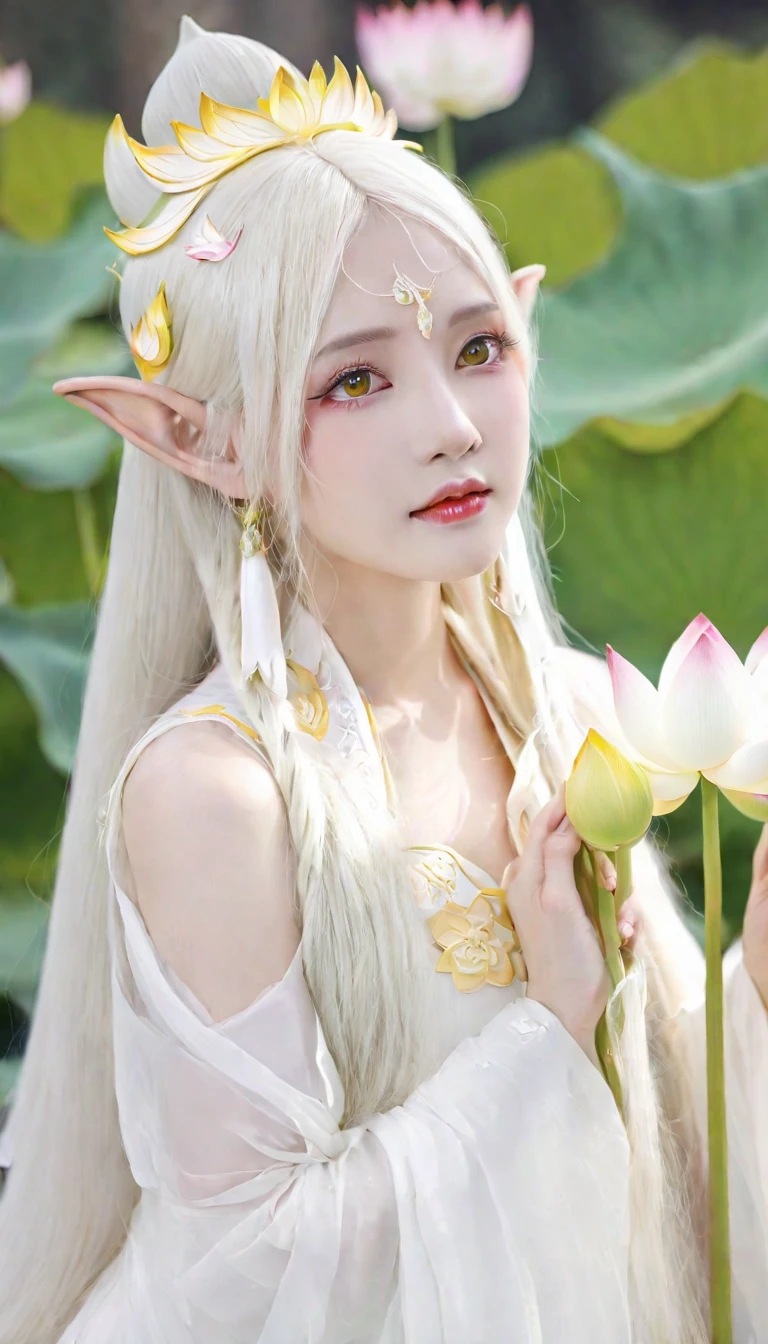 woman, white god, bright white blonde hair, bright yellow eyes, The longest hair, White lotus flower, elf ears, white light princess, Thai dress