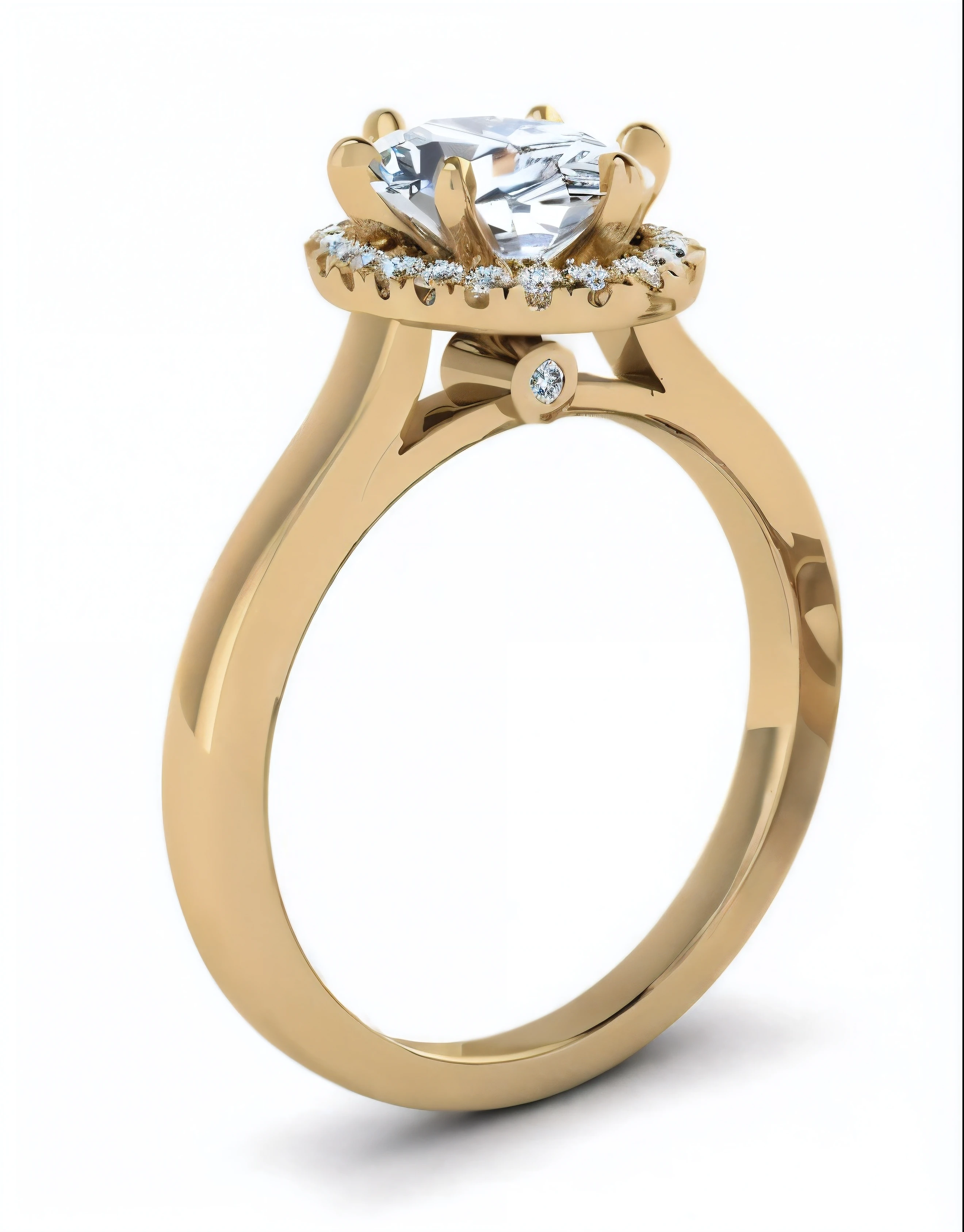 a close up view of a yellow gold engagement ring with a round diamond center, perfect detail, ultra detailed 16k, detailed shot, octante render, full lenght view, 3 / 4 view, 3/4 view, exquisite fine details, beautiful and elegant, ristan eaton, close view, accurate detail, rendering, exquisite detail, engagement ring ads
