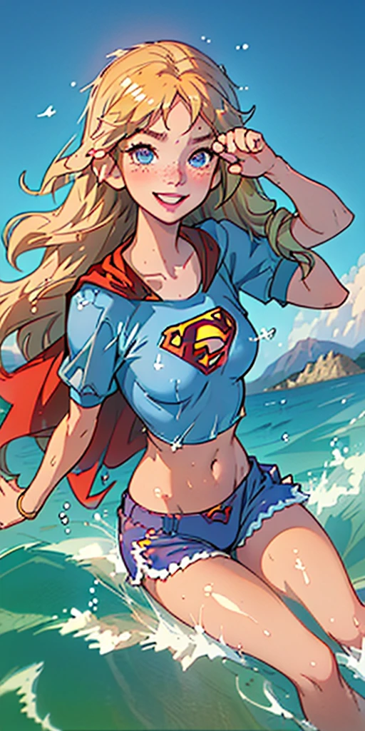 (best quality, masterpiece), 1girl, paw pose, smile, laughing, ocean, large breasts (protuding erect nipples) cropped white supergirl top (supergirl insignia), shorts, blonde, freckles, blush, looking at viewer, wavy hair, cloud, splashing, waves, sun, mountain, wet