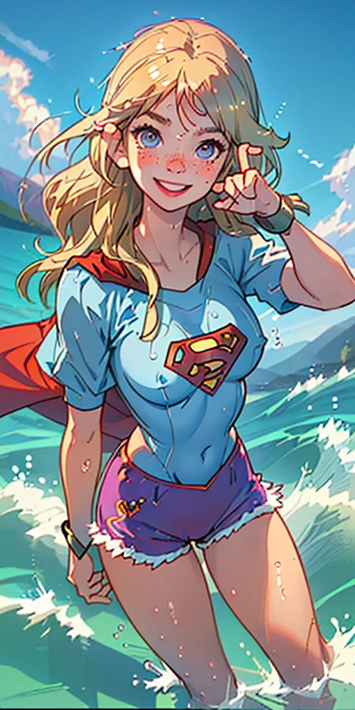 (best quality, masterpiece), 1girl, paw pose, smile, laughing, ocean, large breasts (protuding erect nipples) cropped white supergirl top (supergirl insignia), shorts, blonde, freckles, blush, looking at viewer, wavy hair, cloud, splashing, waves, sun, mountain, wet