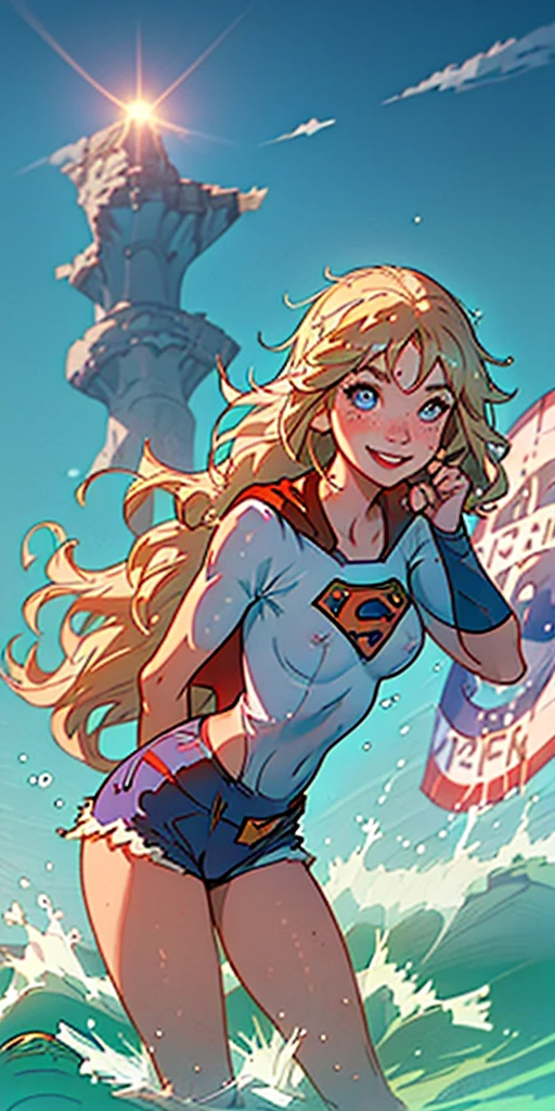 (best quality, masterpiece), 1girl, paw pose, smile, laughing, ocean, large breasts (protuding erect nipples) cropped white supergirl top (supergirl insignia), shorts, blonde, freckles, blush, looking at viewer, wavy hair, cloud, splashing, waves, sun, mountain, wet
