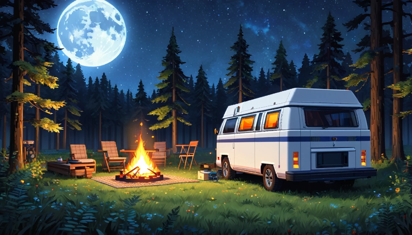 a detailed advance futuristic camper van in a grassy forest clearing at midnight,full moon shining bright, starry sky, campfire, man sitting,pixelart,HDR,8k,high quality,photorealistic,detailed interior,masterpiece