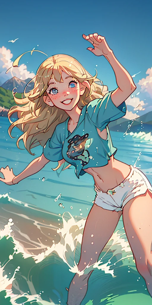 (best quality, masterpiece), 1girl, paw pose, smile, laughing, ocean, crop top, shorts, blonde, freckles, blush, looking at viewer, wavy hair, cloud, splashing, waves, sun, mountain, wet