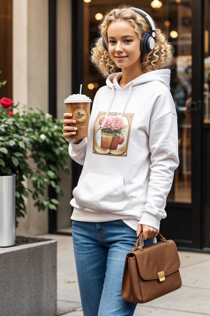 tall girl with blonde curls, with a bag of roses, wearing a white sweatshirt, using donut headphones, having an iced coffee.