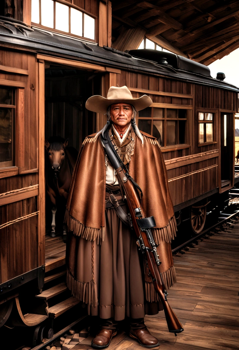 A sepia-toned photograph captures a man wearing leather ponchos from North American indigenous tribes. The 40-year-old man wears these garments along with 18th-century cowboy clothes. An important feature is the cowboy hat on his head, slightly oversized leather gloves, and an old rifle on his back. The background is sharp, with plains featuring North American bison, horses, and cowboys, a railroad under construction, an 18th-century train, and old cabins. Natural lighting, HDR, 4K photography, edited in Adobe Premiere. Details.
