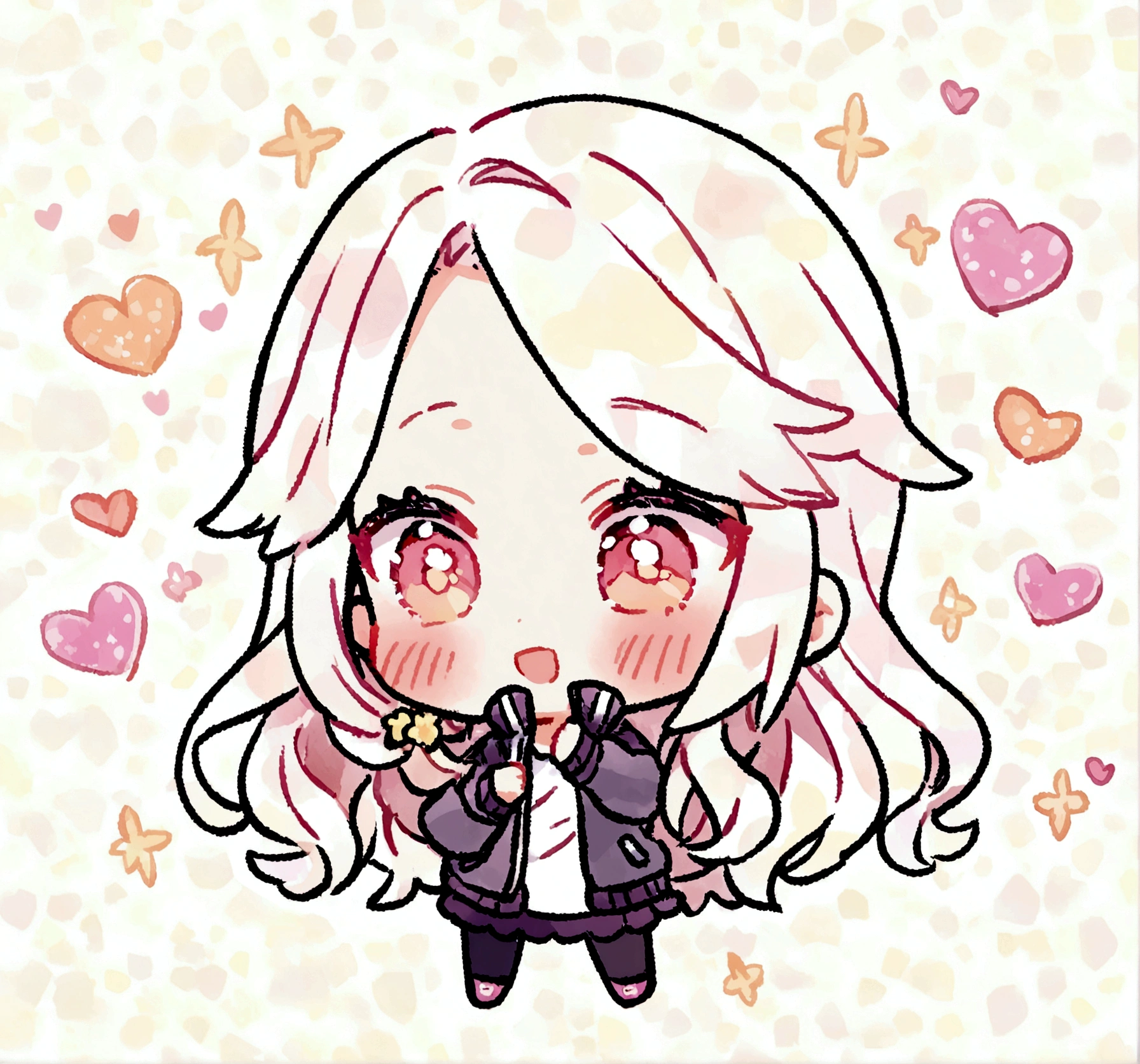Chibi,couple,the boy pinches the girl's cheek,wearing couple jacket,the girl blush