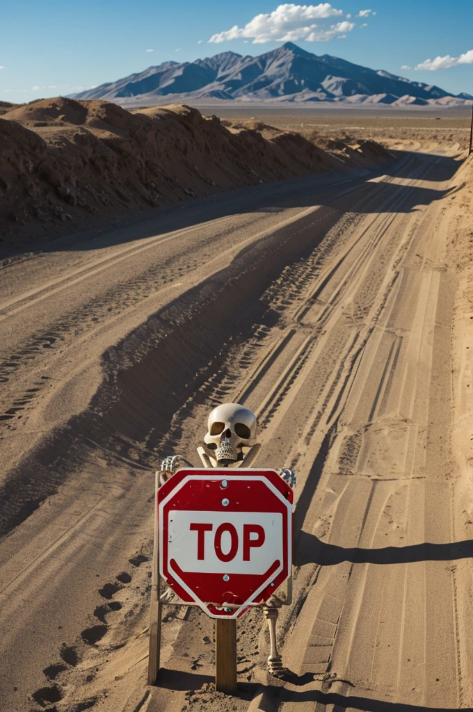 A skeleton hand making a stop sign in the foreground