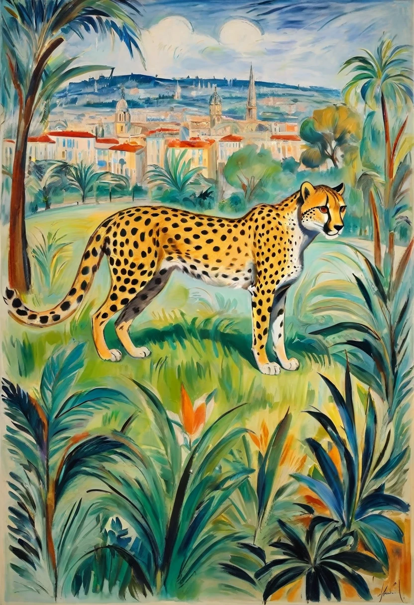 A Cheetah, by Jean Dufy, best quality, masterpiece, very aesthetic, perfect composition, intricate details, ultra-detailed
