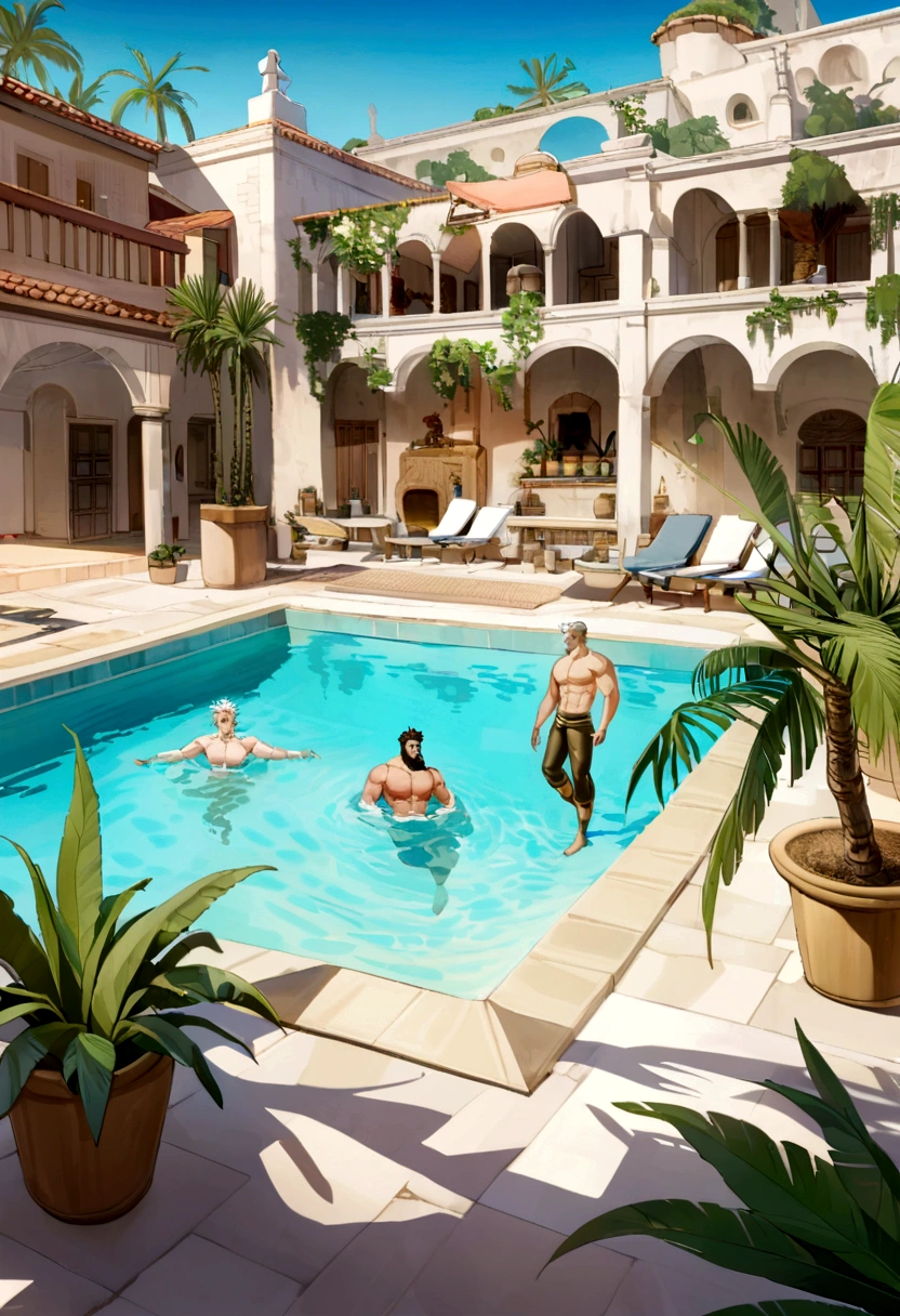 old Joseph Joestar from jojo bizzarre adventure with beard and white hair, wearing no shirt, body skinny, ele está wearing no shirt e com calção de banho e óculos escuros em uma piscina em meio a um deserto
