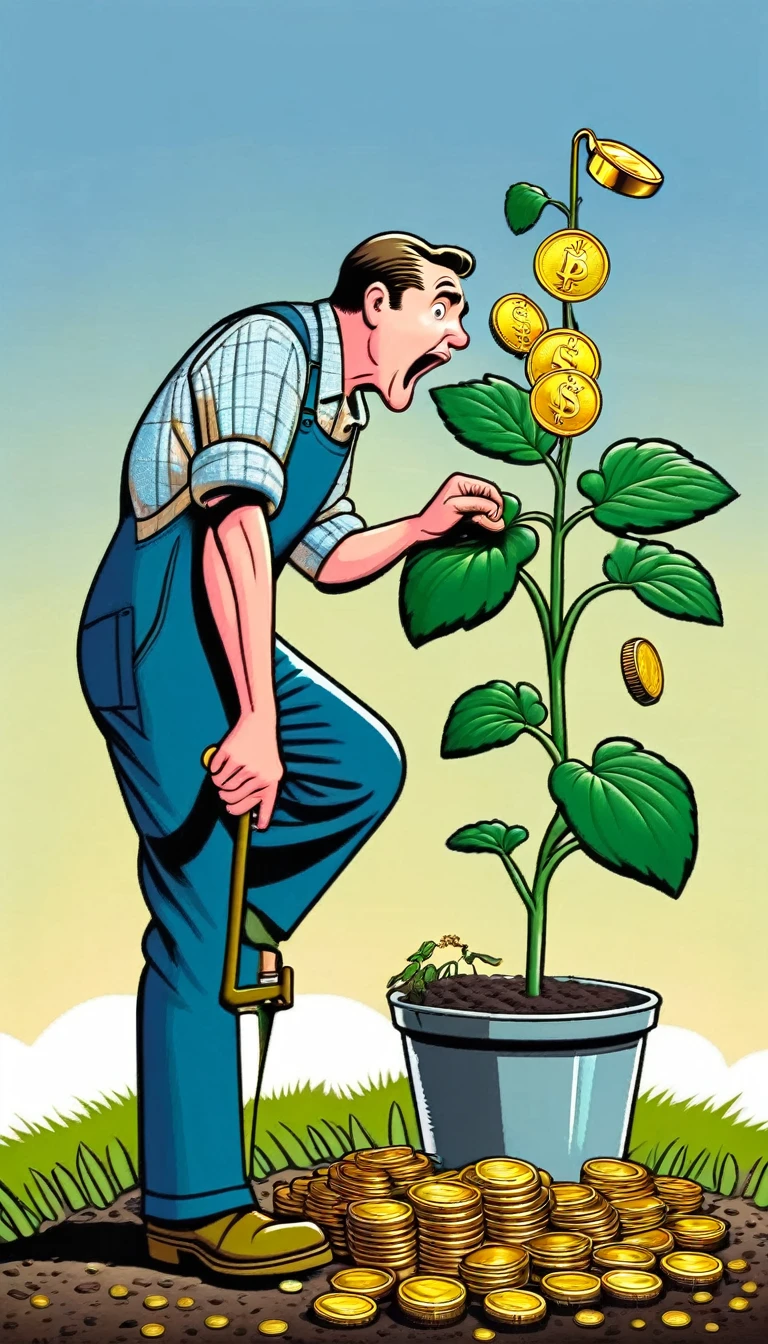 A farmer leaning on his hoe looks in disbelief as 7 gold coins grow from a plant.
