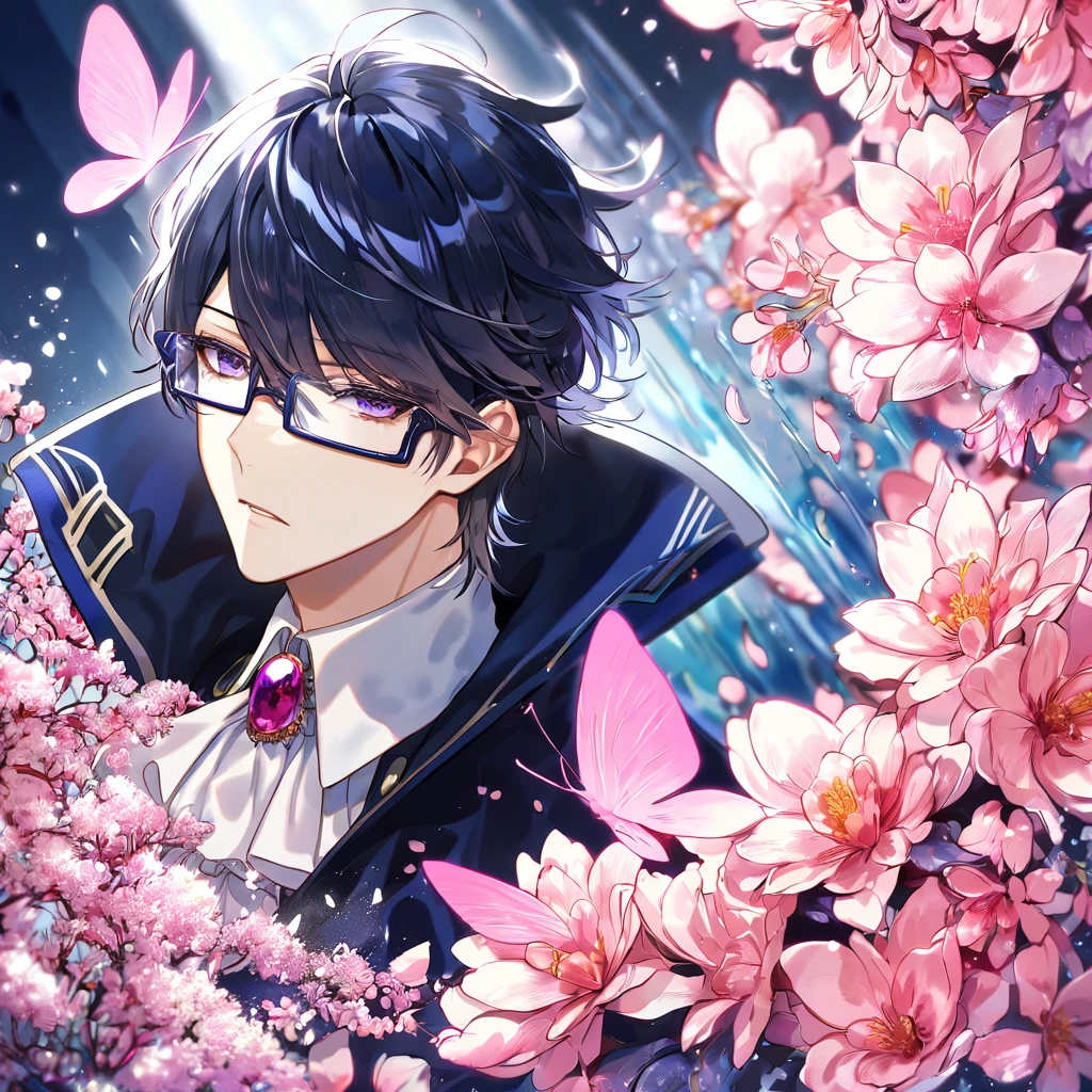absurdres, highres, ultra detailed, HDR, master piece, best quality, Munakata Reisi, messy hair windswept, dark black blue tinted hair, long side bangs, expressive purple eyes, K Project, rectangular-shaped glasses, military uniform, a high collared long-sleeved dark blue trench coat, underneath his intricate coat, white shirt with an upturned collar, a fancy cravat, solo, sexy man, handsome, fantasy, shining, water, pink flowers, pink blossoms, pink butterflies, pink petals