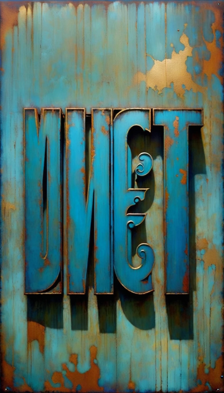 rusty blue sign with text: "VICT", metallic blue letters, (Dave Mckean inspired art, intricate details, oil painting)
