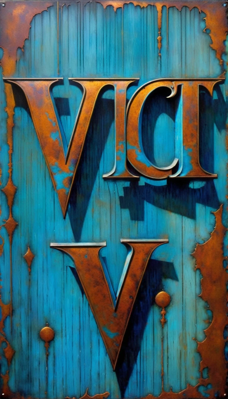 rusty blue sign with text: "VICT", metallic blue letters, (Dave Mckean inspired art, intricate details, oil painting)
