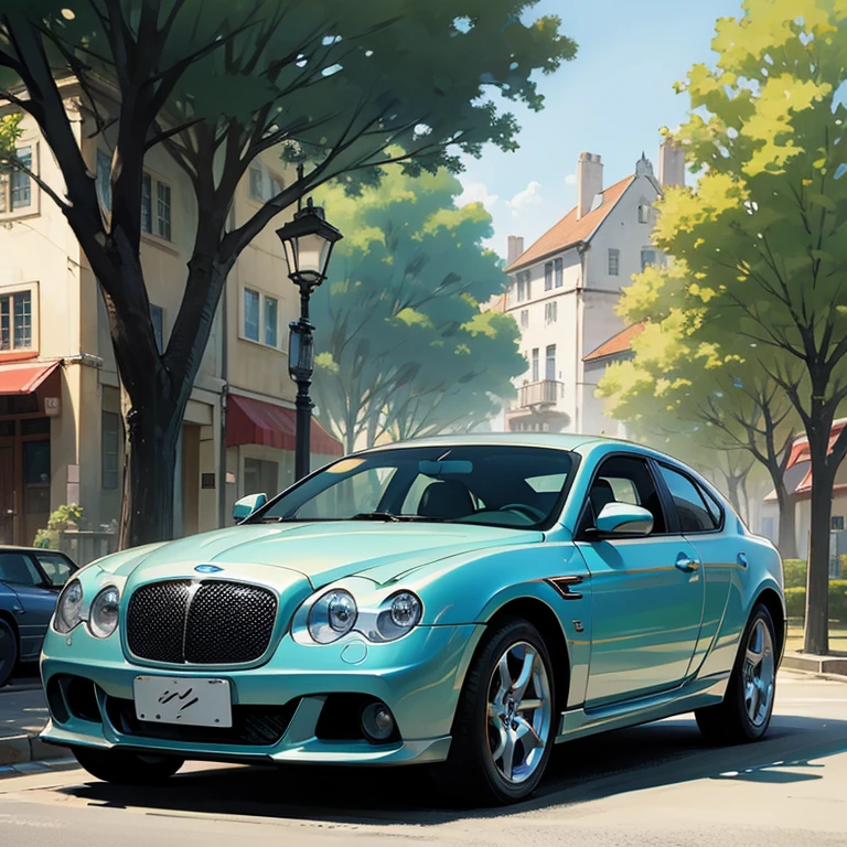 Beautiful scene of a morning day in a old town with a car, bentley, toyota, trees, street 