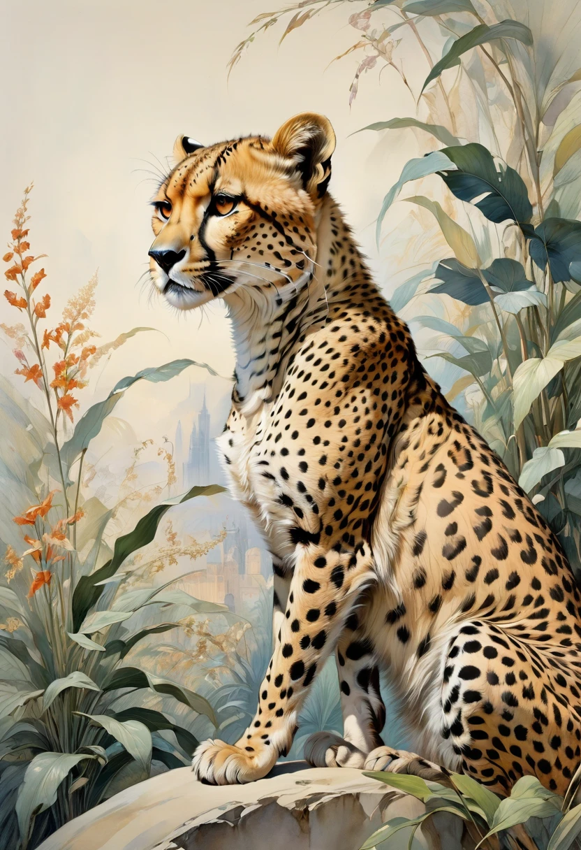 A Cheetah, by Jeanne Mammen, best quality, masterpiece, very aesthetic, perfect composition, intricate details, ultra-detailed