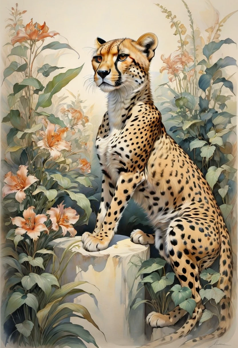 A Cheetah, by Jeanne Mammen, best quality, masterpiece, very aesthetic, perfect composition, intricate details, ultra-detailed