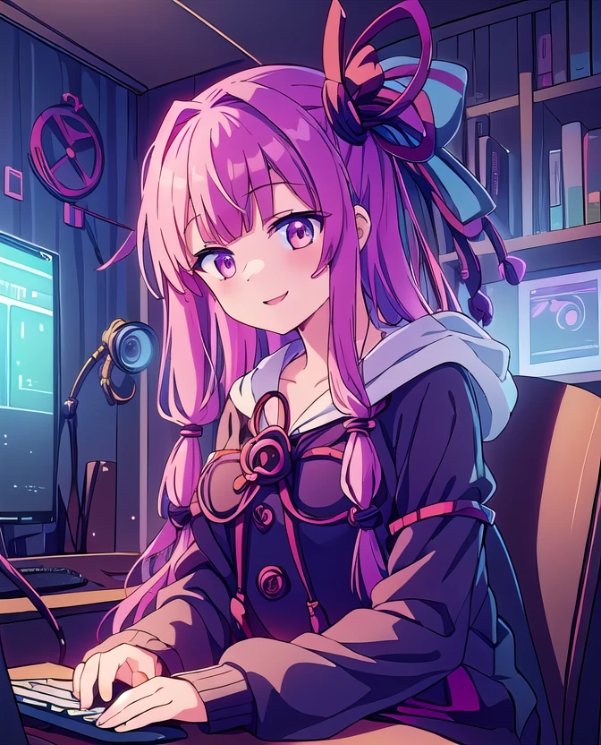 One Girl,Kotonoha Akane,Detailed finger 1:2,[Beautiful fingers],Hair accessory 1:2,Tying up hair,Clothing Details,(masterpiece,Highest quality:1.3),Very detailed ,8k wallpaper beautiful lighting, High resolution,CG Integration,pc,hoodie,Sit on a chair,smile,monitor,upper body