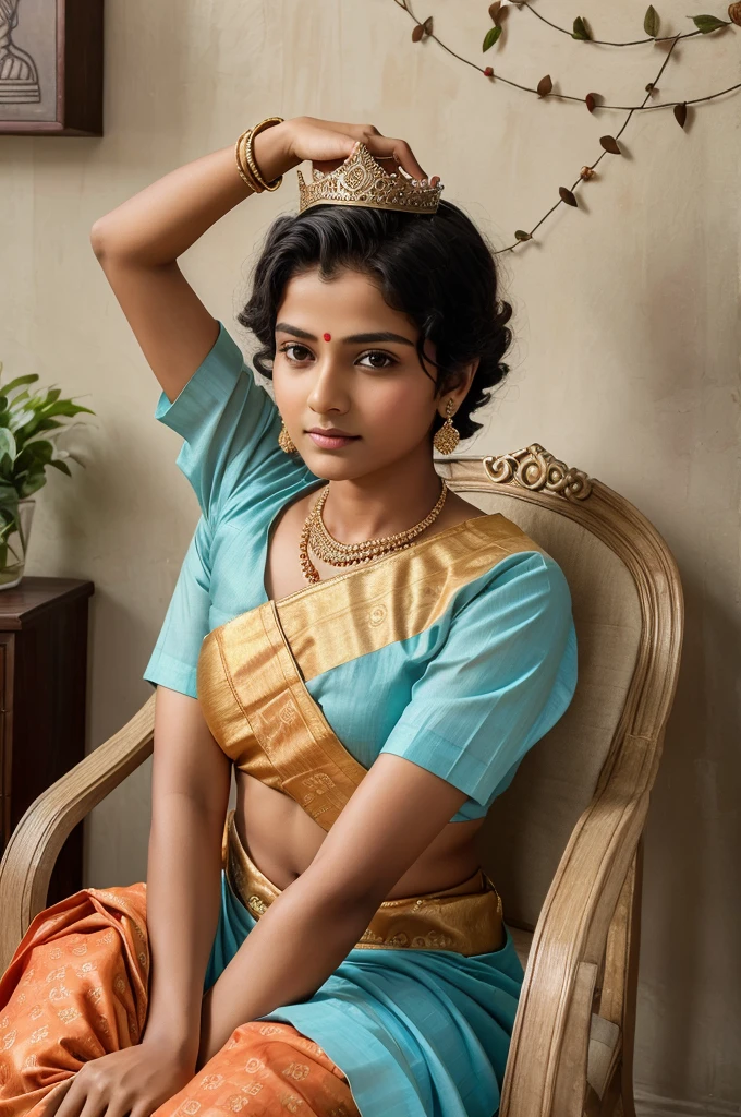 Create high quality, hyperrealistic image. real 20 year boy wearing casual dress name "RANJIT" written boldly on boy's top, beside boy his mother sitting comfortably in a chair, boy placing a crown on his mother's head with both hands, mother wearing indian saree, environment of living room, background wall "MY WORLD MY MOM, HAPPY MOTHER'S DAY" written boldly, decorated with flowers and balloon, names written correctly and clearly, indian boy stylish hair, queen