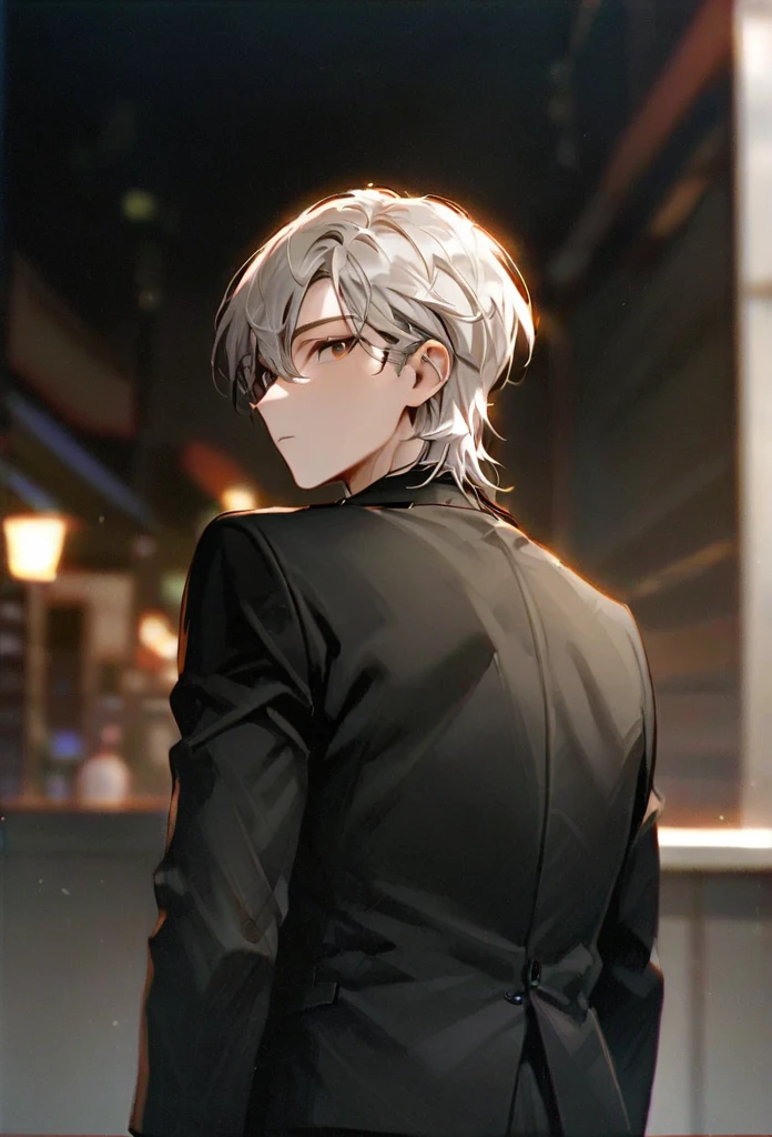 Half body portrait of a young man short Smoky white hair, brown eyes, wears an all black suit. Stand and look back. Look back. Half-body image. Look back. ยืนอยู่บนดาดฟ้า