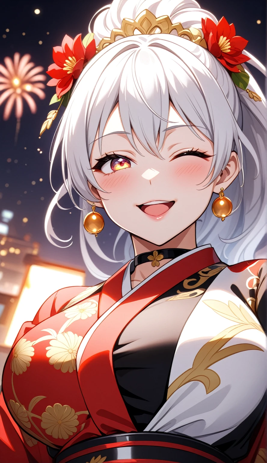 ((One personの女性)), Beautiful Face, (Laughing embarrassedly),((Wink:1.9)),Laugh with your mouth wide open((Bright red cheeks:1.4)),Shiny red lips,night,rooftop,Festivals,,You can see the ocean, firework,Laughing with your mouth open,Glossy pink lips,Facial lighting,((Anime style background)),masterpiece, Highest quality, so beautiful,up to date, Complex details, (Pink long nails),(ring),(bracelet),(choker),AI-generated, Complex,High resolution, Highest quality, super high quality,3D Images、3D Images,One person,Long white hair,High Ponytail,(Pale eyes),Anime woman posing for a photo, ((Fine eyes、Silvery white colorful eyes、Shining Eyes:1.3)),(Squint your eyes:1.1),a hyperRealistic , hyperRealistic , Realistic,Anime woman with long white hair, Smooth anime CG art, A woman in a colorful kimono with gold embroidery, (Black long sleeve kimono),Red floral pattern,Long flower hair ornament,big floral earrings,Mature Body,(Big Breasts:1.1),expensive,Abdominal muscles,Tight waist,(Zoom up to face:1.7),Shooting from diagonally below