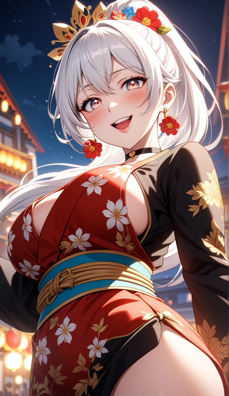 ((One personの女性)), Beautiful Face, (Laughing embarrassedly),((Wink:1.9)),Laugh with your mouth wide open((Bright red cheeks:1.4)),Shiny red lips,night,rooftop,Festivals,,You can see the ocean, firework,Laughing with your mouth open,Glossy pink lips,Facial lighting,((Anime style background)),masterpiece, Highest quality, so beautiful,up to date, Complex details, (Pink long nails),(ring),(bracelet),(choker),AI-generated, Complex,High resolution, Highest quality, super high quality,3D Images、3D Images,One person,Long white hair,High Ponytail,(Pale eyes),Anime woman posing for a photo, ((Fine eyes、Silvery white colorful eyes、Shining Eyes:1.3)),(Squint your eyes:1.1),a hyperRealistic , hyperRealistic , Realistic,Anime woman with long white hair, Smooth anime CG art, A woman in a colorful kimono with gold embroidery, (Black long sleeve kimono),Red floral pattern,Long flower hair ornament,big floral earrings,Mature Body,(Big Breasts:1.1),expensive,Abdominal muscles,Tight waist,(Zoom up to face:1.7),Shooting from diagonally below