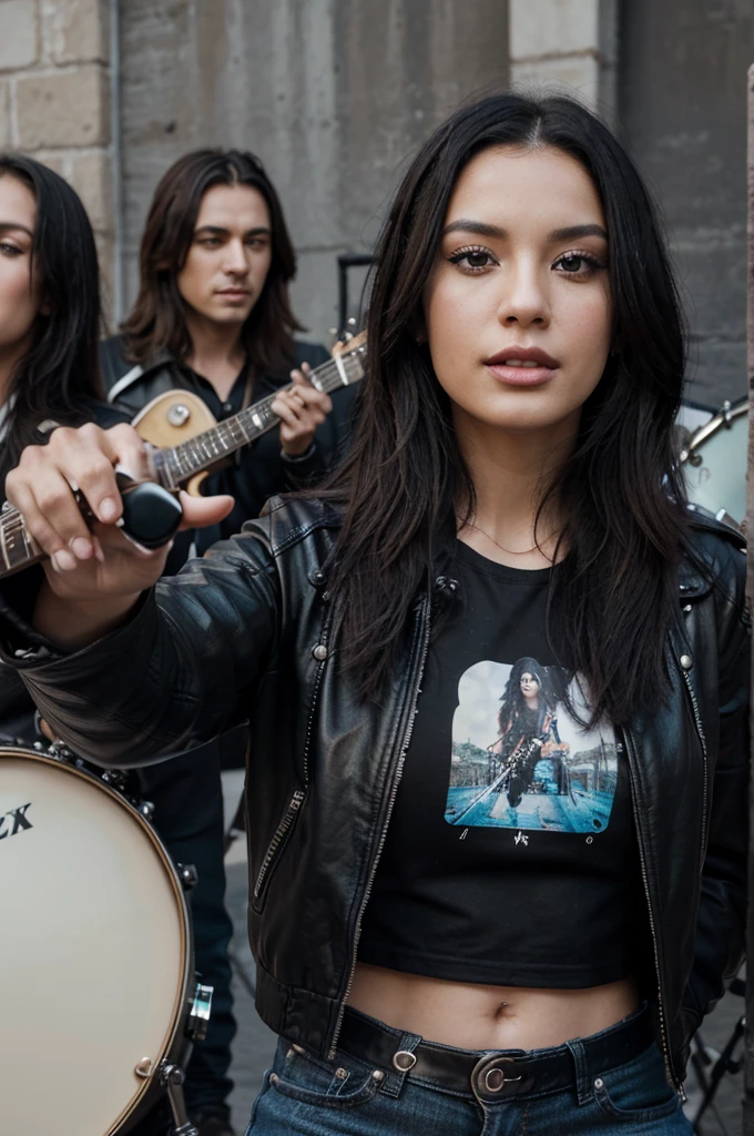 a modern rock band, they are four members, one handsome men, face straight ahead playing blue drums, one beautiful women, face straight ahead playing sax-phone, one beautiful women with curl long black hair, face straight ahead playing red electric guitar, and one beautiful women as a singer hold a mic with the accurate writing “INTERNATIONAL MUSIC DAY” at the wall and the accurate writing “EDITIN DONG REBORN” on the drum, photo realistic, detailed, masterpiece, best photography, accurate image, accurate fingers, they are wearing t-shirt mix leather black jacket