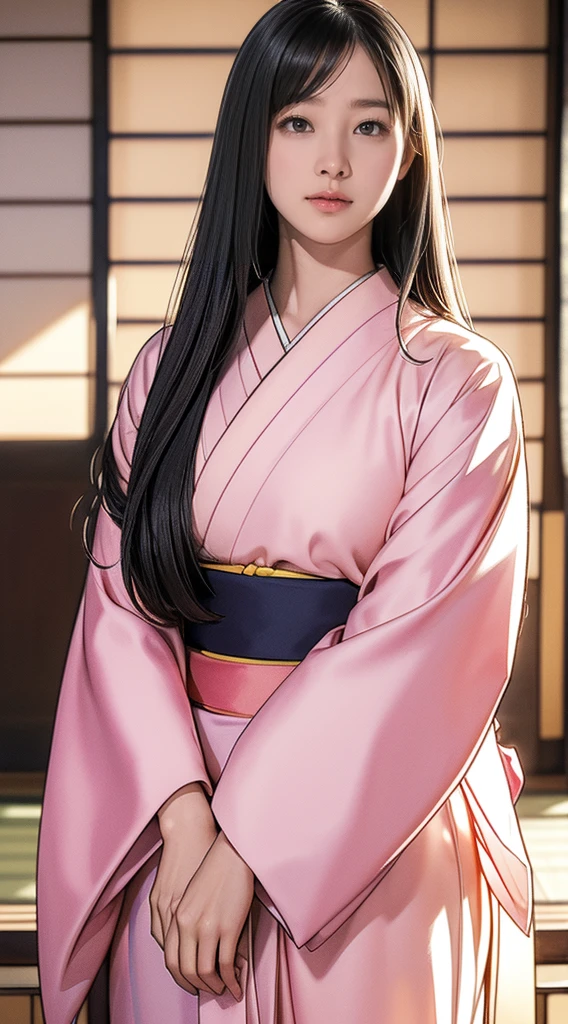 (Realistic)、(Realistic:1.2)、(High resolution)、Very detailed、Very beautiful face and eyes、1 girl、Delicate body、(highest quality、Attention to detail、Rich skin detail)、(highest quality、8k、Oil paint:1.2)、Very detailed、(Realistic、Realistic:1.37)、Bright colors、Full Body Shot,black_hair, Beautiful 8k eyes,Looking_in_Audience,One person in,Are standing,((Very beautiful woman, Fuller lips, Japanese pintern kimono))、((Colorful Japanese kimono)))、(((blackhair)))、(((Blunt bung,long straight hair)))、((( Inside an old Japanese house with a (short focus :1.4),)))、(masterpiece, highest quality, highest quality, Official Art, beautifully、aesthetic:1.2),(Fractal Art:1.3),Sengoku period、Greg Rutkowski Written by Alphonse Mucha Ropp,short ,uchikake,nishijin ori,(realistic light and shadow), (real and delicate background),(muted colors, dim colors, soothing tones:1.3), low saturation, (hyperdetailed:1.2), (noir:0.4),drow,blurry_light_background, (vibrant color:1.2), cinematic lighting, ambient lighting,Single Shot,Shallow Focus,pink lip,blurry light background,smile