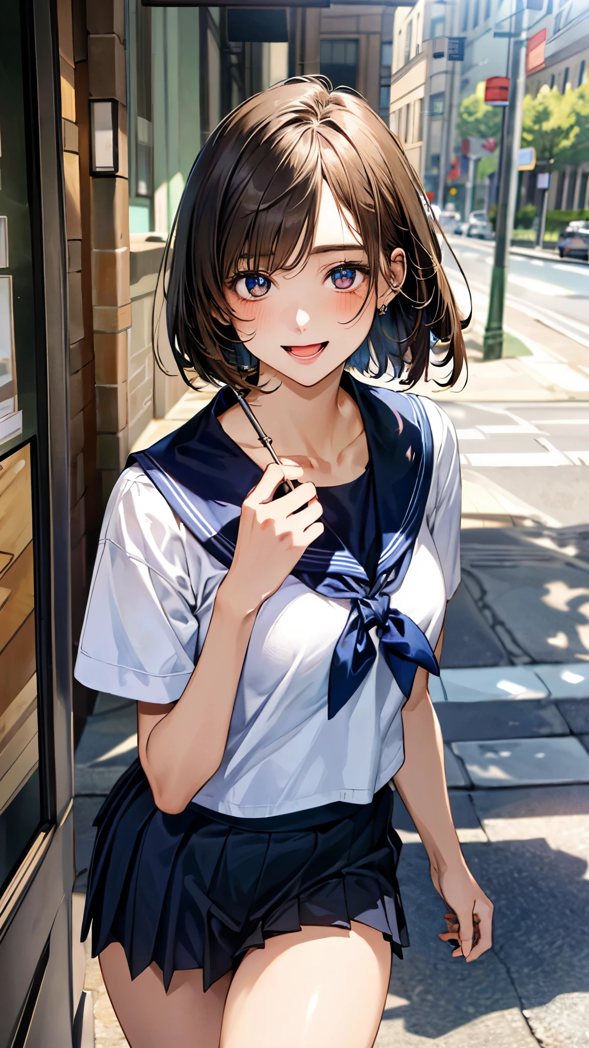 (masterpiece:1.3, top-quality, ultra high res, ultra detailed), (realistic, photorealistic:1.4), beautiful illustration, perfect lighting, natural lighting, colorful, depth of fields, ,
beautiful detailed hair, beautiful detailed face, beautiful detailed eyes, beautiful clavicle, beautiful body, beautiful chest, beautiful thigh, beautiful legs, beautiful fingers, shiny skin,
looking at viewer, 1 girl, high school girl, (perfect anatomy, anatomically correct, super detailed skin), cute and symmetrical face, face, perfect face, perfect eyes, ,
(short hair:1.4, bob cut, sideburns:1.4, brown hair), crossed bangs, blue eyes, slant eyes, big eyes, long eye lasher, (medium breasts, seductive thighs), slender, skin dendation,
detailed cloth texture, short sleeve, sailor suit, pleated skirt, ,
(beautiful scenery), summer, evening, (downtown, creperie shop), walking, (eatting crepe), (happy smile, upper eyes, open mouth small),