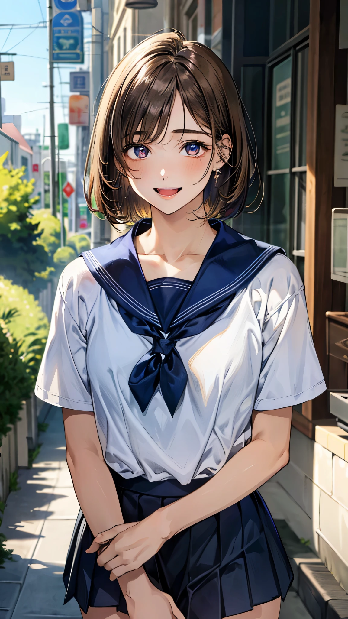 (masterpiece:1.3, top-quality, ultra high res, ultra detailed), (realistic, photorealistic:1.4), beautiful illustration, perfect lighting, natural lighting, colorful, depth of fields, ,
beautiful detailed hair, beautiful detailed face, beautiful detailed eyes, beautiful clavicle, beautiful body, beautiful chest, beautiful thigh, beautiful legs, beautiful fingers, shiny skin, 
looking at viewer, 1 girl, high school girl, (perfect anatomy, anatomically correct, super detailed skin), cute and symmetrical face, babyface, perfect face, perfect eyes, , 
(short hair:1.4, bob cut, sideburns:1.4, brown hair), crossed bangs, blue eyes, slant eyes, big eyes, long eye lasher, (medium breasts, seductive thighs), slender, skin dendation, 
detailed cloth texture, short sleeve, sailor suit, pleated skirt, ,
(beautiful scenery), summer, evening, (downtown, creperie shop), walking, (eatting crepe), (happy smile, upper eyes, open mouth small), 