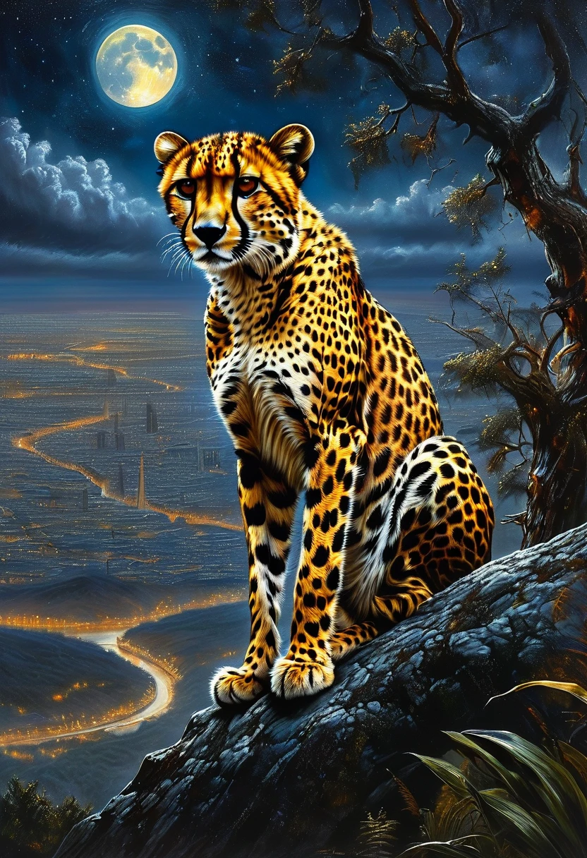A Cheetah, night, by Bob Eggleton, best quality, masterpiece, very aesthetic, perfect composition, intricate details, ultra-detailed