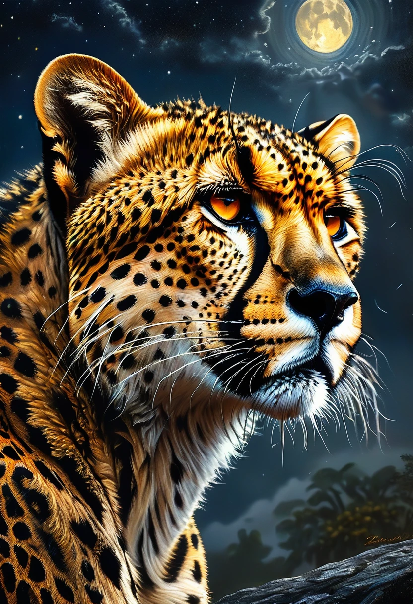 A Cheetah, night, by Bob Eggleton, best quality, masterpiece, very aesthetic, perfect composition, intricate details, ultra-detailed