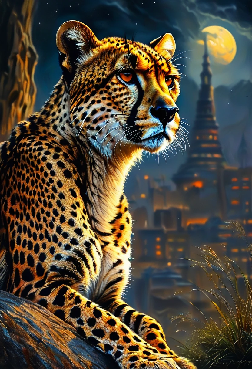 A Cheetah, night, by Bob Eggleton, best quality, masterpiece, very aesthetic, perfect composition, intricate details, ultra-detailed