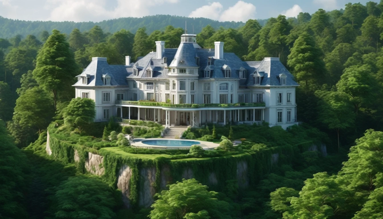 create the image of a mansion on top of a hill, surrounded by dense forest, 4k realistic