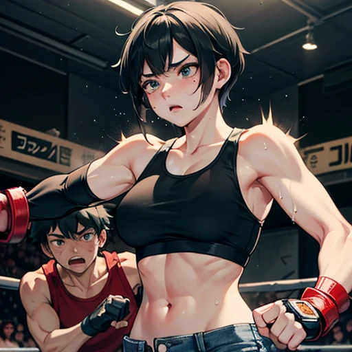 2 people。In a street fight、A female street fighter is overpowered by a man and punched repeatedly, leaving her in tears。Covered in bruises。Bloody。shortness of breath。Frightened expression。Running out of energy。Sweaty。Short black hair。Open Finger Gloves。Sports 。Tank top。Denim shorts。