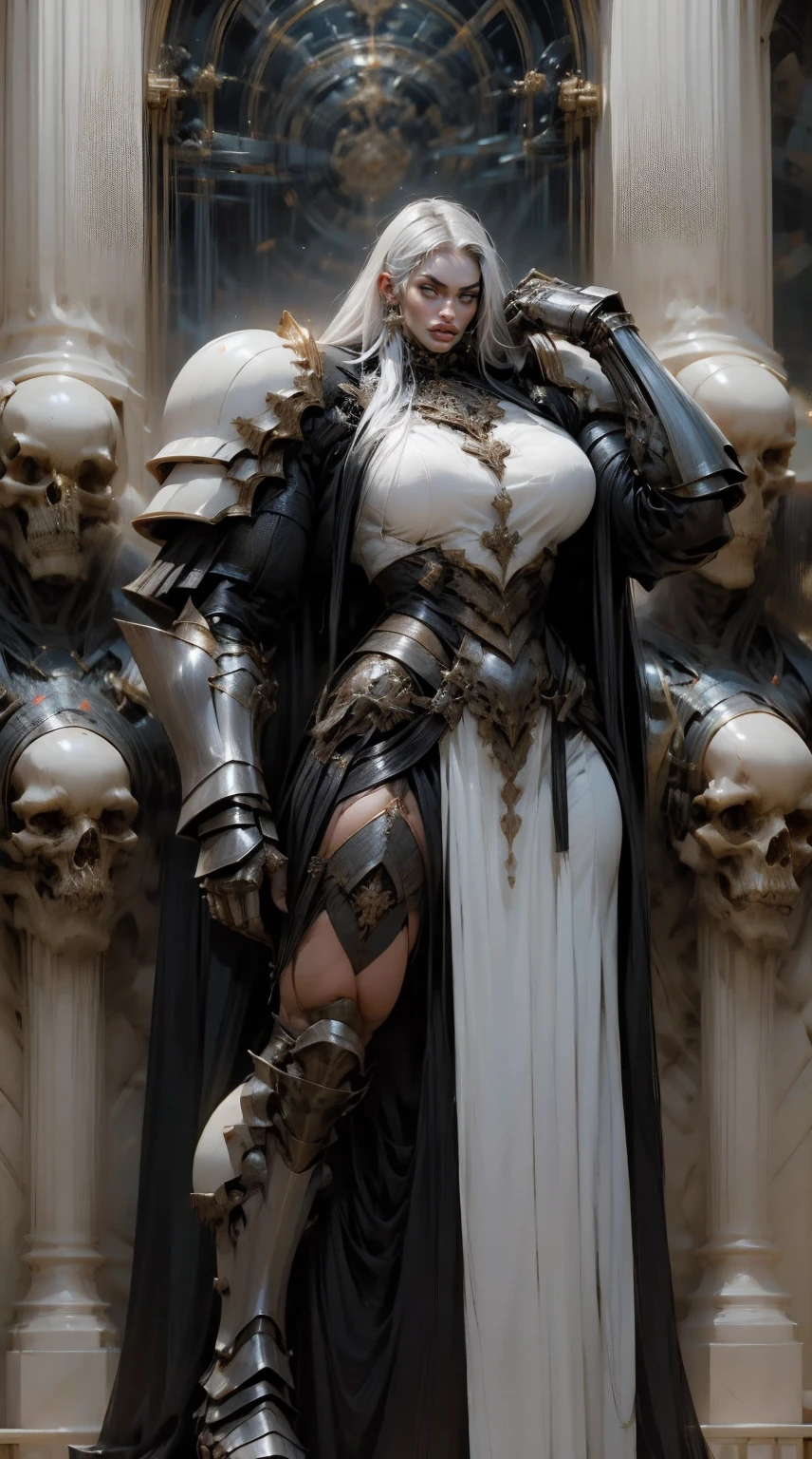 (masterpiece:1.1), (best quality:1.1), (ornate:1.1), (monochrome:1.3), (black and white:1.3), BREAK, 
(horror:1.0), (esoteric:1.1), (watercolor:1.0),  BREAK, 
(solo:1.4), (dynamic angle:1.0), (full body shot:1.0), ((muscular woman:1.1)), (white tunic:1.0), (armor:1.2), (shoulder armor:1.1), (gauntlets:1.0), (large breasts:1.0), 