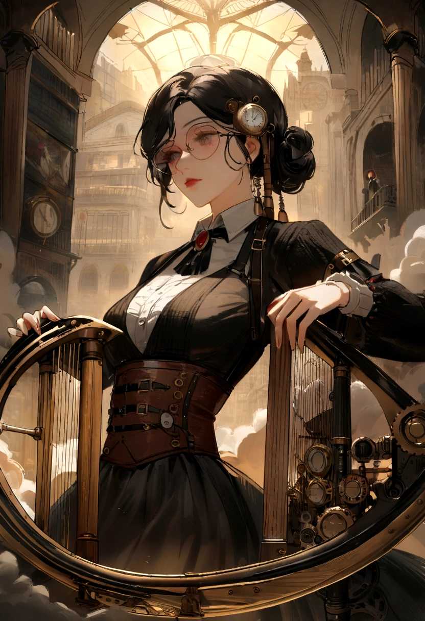 (voodoo doll playing knitted harp:1.2), (Voodoo Steampunk:1.3), (badass clothing: leather corset, aviator glasses, Gears and mechanical parts:1.0), (in the background steam engines, airships and Victorian buildings:1.2), best qualityer, work of art, detailed soft oil painting, detailed back ground, dramatic cinematic lighting, soft edge lighting, proffesional, dramatic lighting, hard edge lighting, ultra quality, 4K, work of art, best qualityer, 8K, ultra high definition, high resolution, extremely detaild, perfect details of the harp.