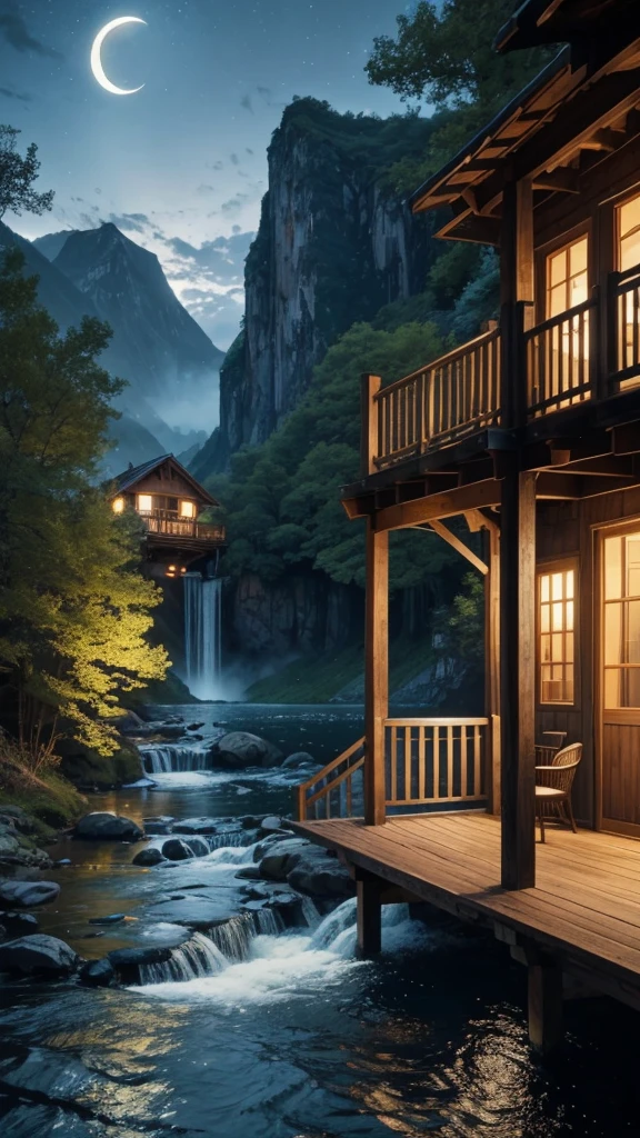  Anime
A large, weathered wooden house with a warm yellow light glowing from its windows. It can be built on a small dock extending into the water.
Details: Include a porch swing swaying gently, a rowboat tethered to the dock, and a cat perched on the railing, gazing at the river.
Background:

Instead of a traditional mountain peak, the image depicts a massive waterfall cascading down in a V-shape, resembling a mountain peak when viewed from the front.
The waterfall flows into a calm, moonlit river that stretches out towards the horizon.
The night sky should be filled with twinkling stars and a luminous full moon casting a silvery path on the water.
Additional details:

Include fireflies dancing around the house and the riverbank.
Give the scene a peaceful and dreamlike quality.