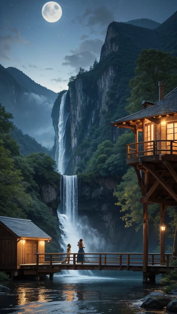 Anime
A large, weathered wooden house with a warm yellow light glowing from its windows. It can be built on a small dock extending into the water.
Details: Include a porch swing swaying gently, a rowboat tethered to the dock, and a cat perched on the railing, gazing at the river.
Background:
Instead of a traditional mountain peak, the image depicts a massive waterfall cascading down in a V-shape, resembling a mountain peak when viewed from the front.
The waterfall flows into a calm, moonlit river that stretches out towards the horizon.
The night sky should be filled with twinkling stars and a luminous full moon casting a silvery path on the water.
Additional details:
Include fireflies dancing around the house and the riverbank.
Give the scene a peaceful and dreamlike quality.