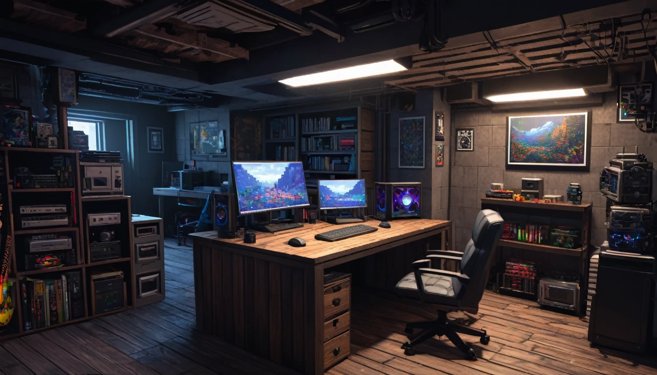 a dark moody basement room with a computer setup, table and chair, intricate pixel art style, HDR, 8K resolution, photorealistic, extremely detailed interior, masterpiece