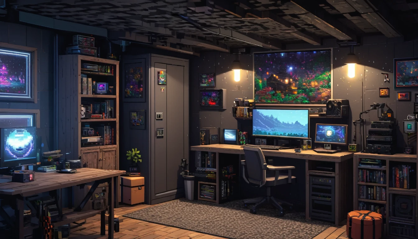 a dark moody basement room with a computer setup, table and chair, intricate pixel art style, HDR, 8K resolution, photorealistic, extremely detailed interior, masterpiece