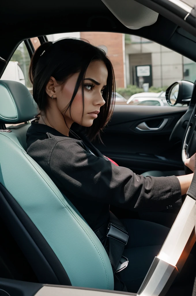 angry women site in car with knife and see in glass 