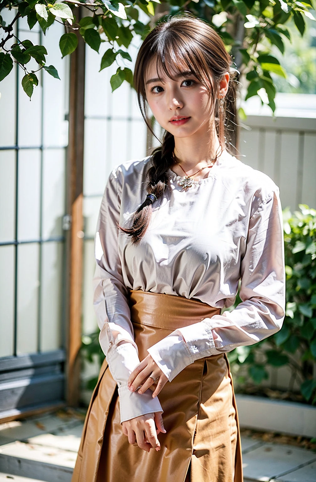 ((Cream hair color、砂浜でsmileで撮影:1.4))、Sleeveless、Outdoor shots、Cute clothes、Tie your hair、Cream hair color、Leather Belt、Her huge breasts are obvious even through her clothes..、Small earrings、Light brown hair color、Tie your hair:1.4))、Shiny Hair、Light beige hair color、Background Blur、Braid only the front hair、Light brown hair、{{Cowgirl Shot}}、((Close-up shot from the waist up、Big Breasts:1.4))、Big Breasts、にっこりsmile、Silk clothing、服からでも分かるBig Breasts、Braid only the front hair、Cowboy Shot、A gorgeous white collared silk shirt and a brown skirt、Elegant attire、Luxury Bags、素敵なsmile、((Revealing clothing))、Full body photo、ring、Short skirt、Tuck your hair behind one ear、Silver Necklace、smile、 Elegant ponytail、Caustics、Highly detailed photos、Very beautiful and ideal short hair、Big Breasts、Super no makeup、(8K、RAW Photos、Highest quality、masterpiece:1.2)、(Realistic、Realistic)、1 Girl、((Big Breastsショートヘア、Looking into the camera:1.4))、Hair blowing in the wind