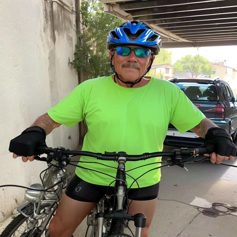 there is a man that is standing next to a bike, he is about 60 years old, he is about 60 years old, he is about 70 years old, cycling!!, he is about 50 years old, he is about 50 years old, photo of a male motorcyclist, 4 5 them, with neon visor, album photo, 5 5 them